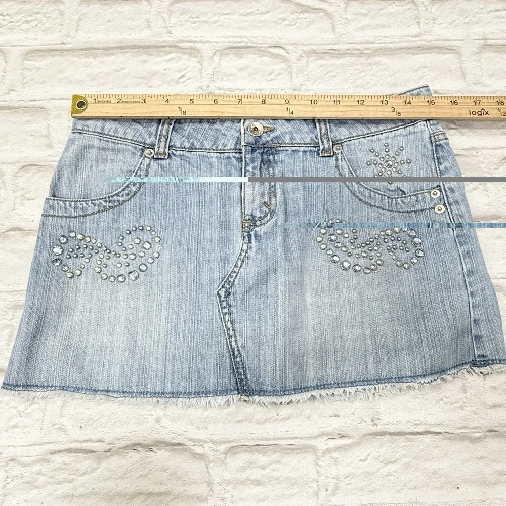 Vintage Y2K Jordache Low Rise Micro Mini‎ Denim Skirt 7/8 Embellished Light Wash